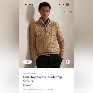 Polo Ralph Lauren Cable-Knit Cotton Quarter-Zip Sweater size Medium